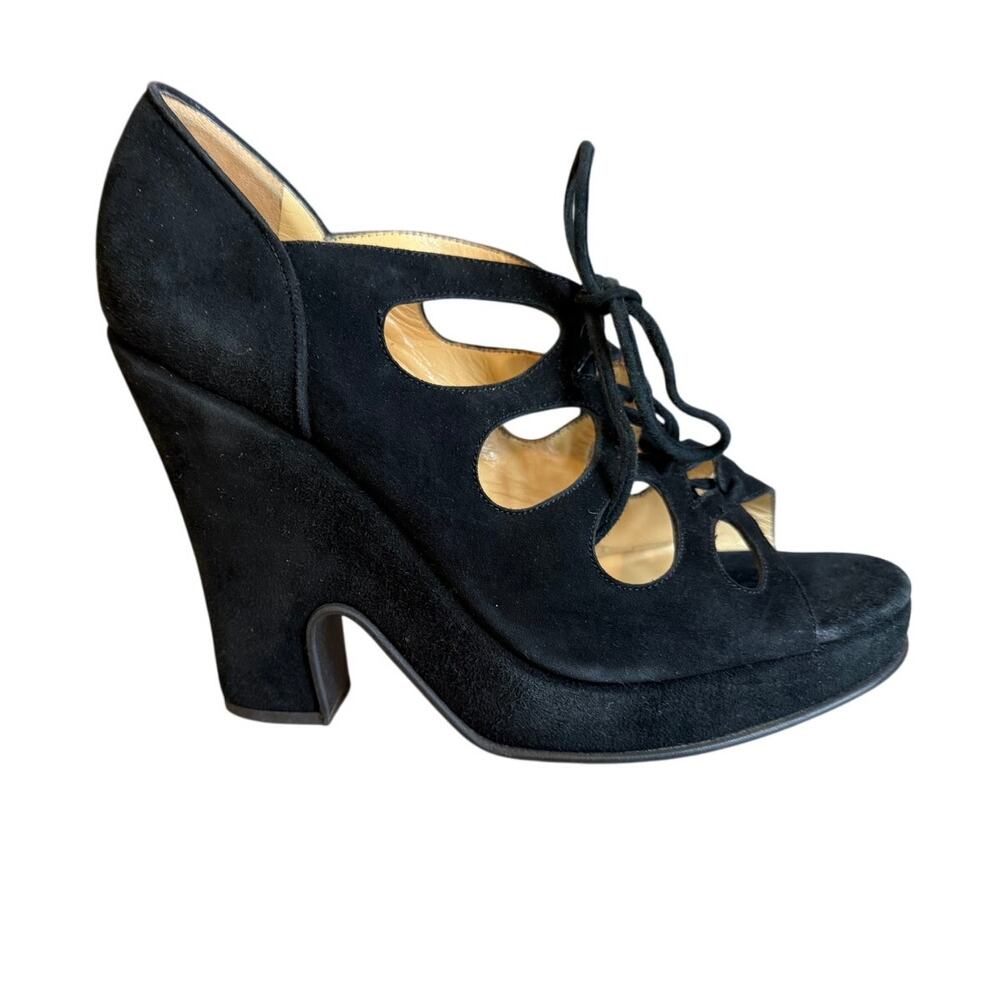 Dolce & Gabbana Avant Garde Black Suede Laced Up Platform Heeled Sandals 37